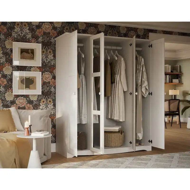 Armoire 4 portes – Blanc/Noir/Moka/Java, portes en bois massif ou miroir, pour 3