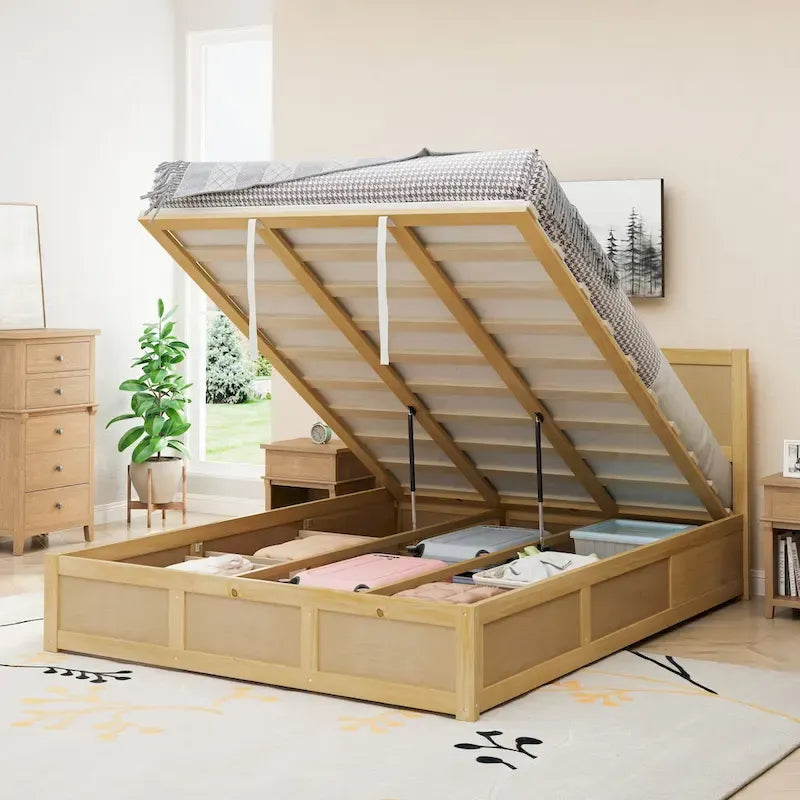 Lit plateforme Queen avec rangement hydraulique et 2 tiroirs — Blanc / Bois