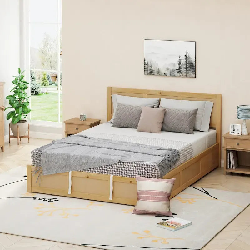 Lit plateforme Queen avec rangement hydraulique et 2 tiroirs — Blanc / Bois