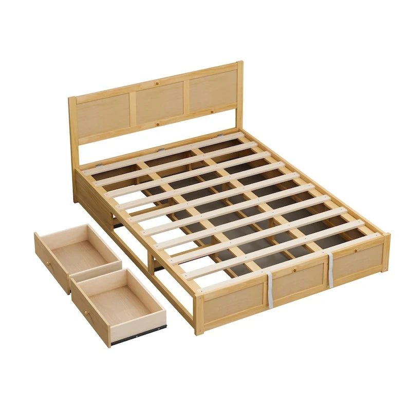 Lit plateforme Queen avec rangement hydraulique et 2 tiroirs — Blanc / Bois