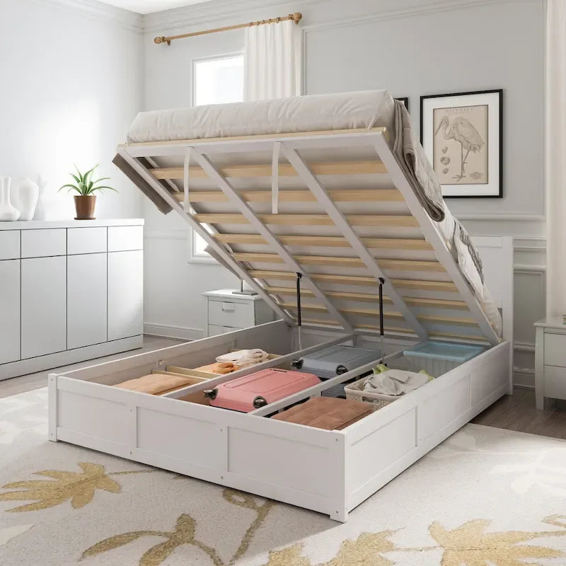 Lit plateforme Queen avec rangement hydraulique et 2 tiroirs — Blanc / Bois