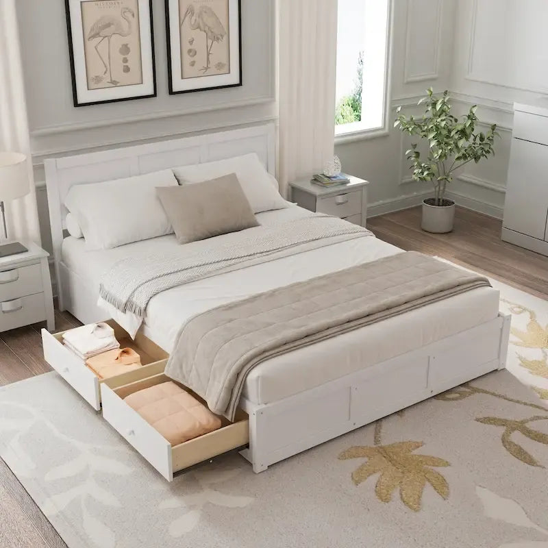 Lit plateforme Queen avec rangement hydraulique et 2 tiroirs — Blanc / Bois