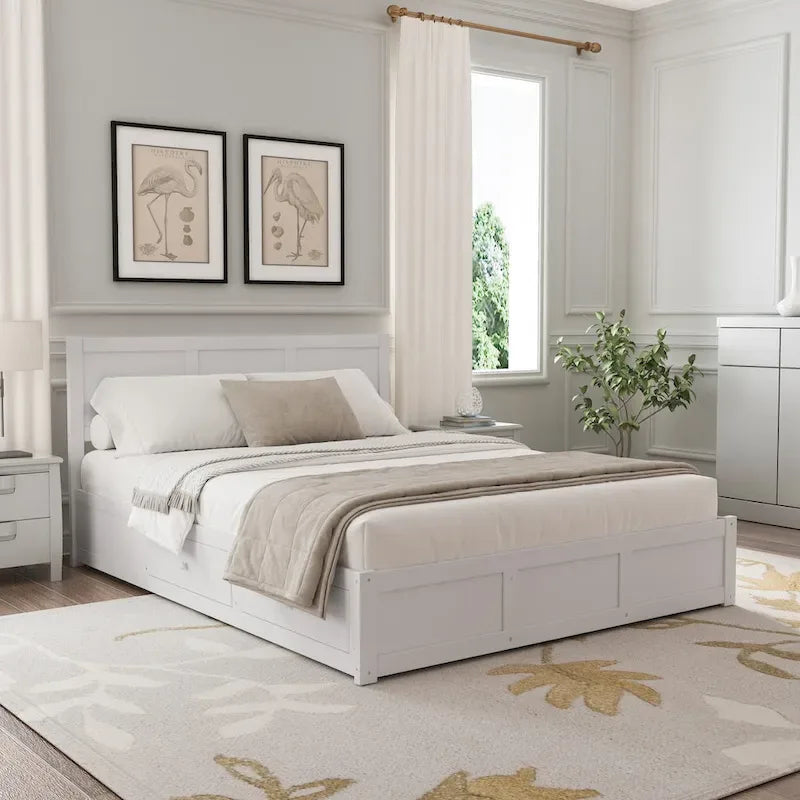 Lit plateforme Queen avec rangement hydraulique et 2 tiroirs — Blanc / Bois