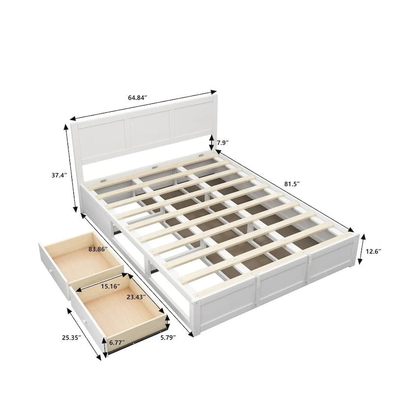Lit plateforme Queen avec rangement hydraulique et 2 tiroirs — Blanc / Bois