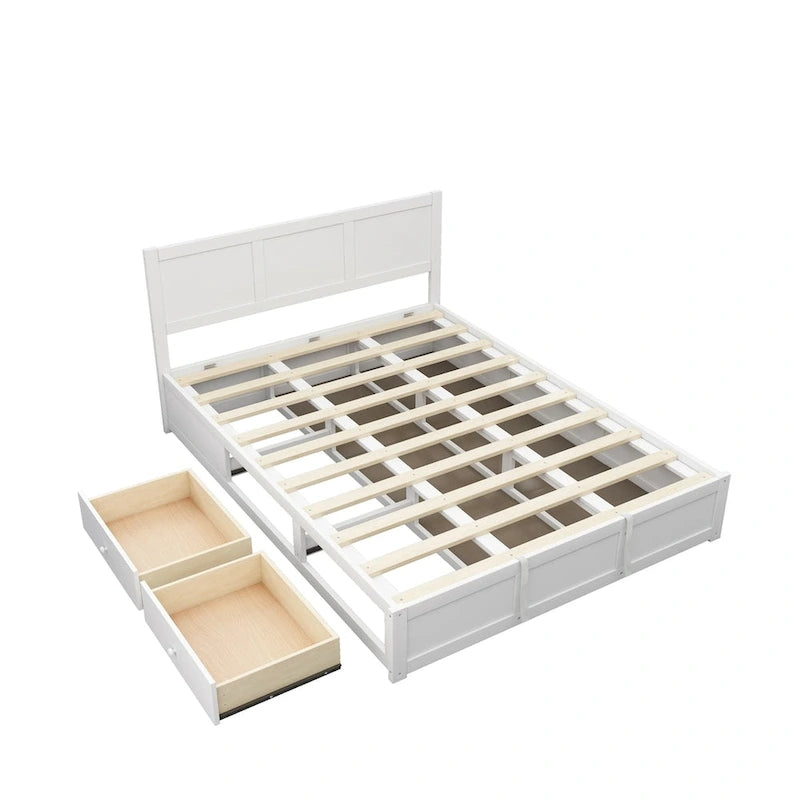 Lit plateforme Queen avec rangement hydraulique et 2 tiroirs — Blanc / Bois