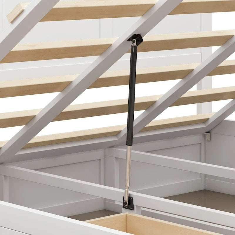 Lit plateforme Queen avec rangement hydraulique et 2 tiroirs — Blanc / Bois