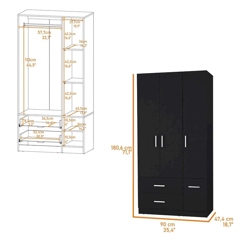 Armoire de chambre haute 4 portes 2 tiroirs noir et blanc