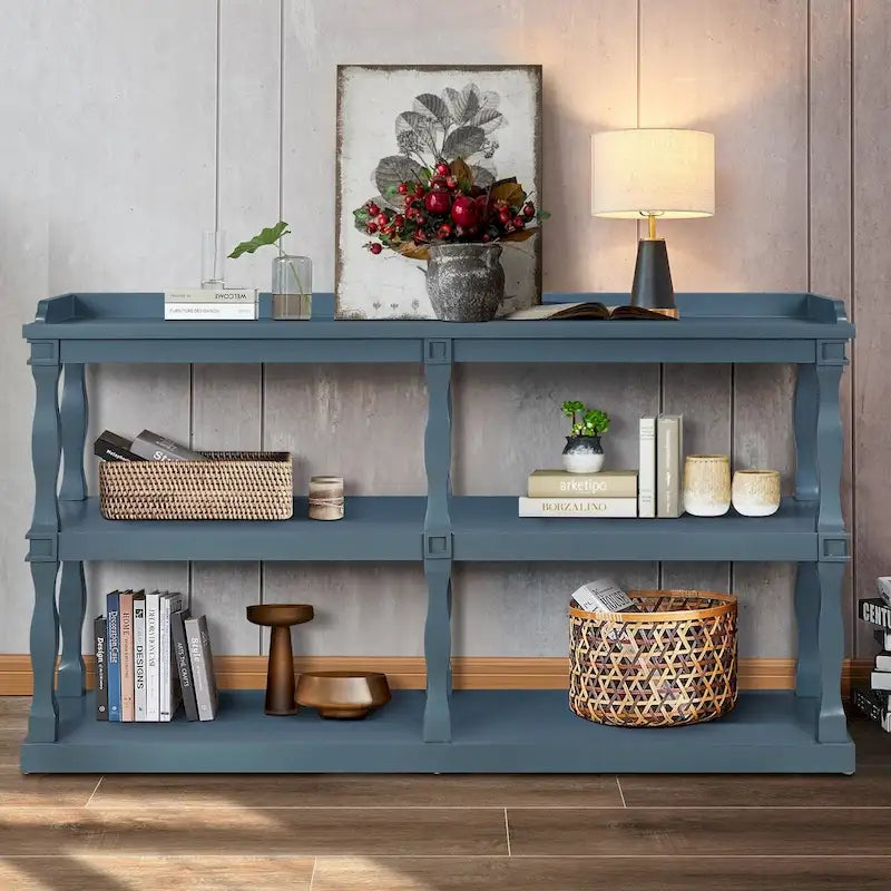 Table console à rangement ouvert à 3 niveaux – Blanc antique / Bleu marine / Noir
