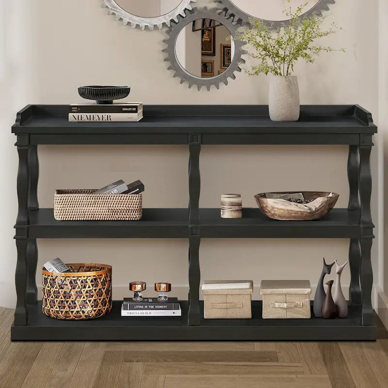 Table console à rangement ouvert à 3 niveaux – Blanc antique / Bleu marine / Noir