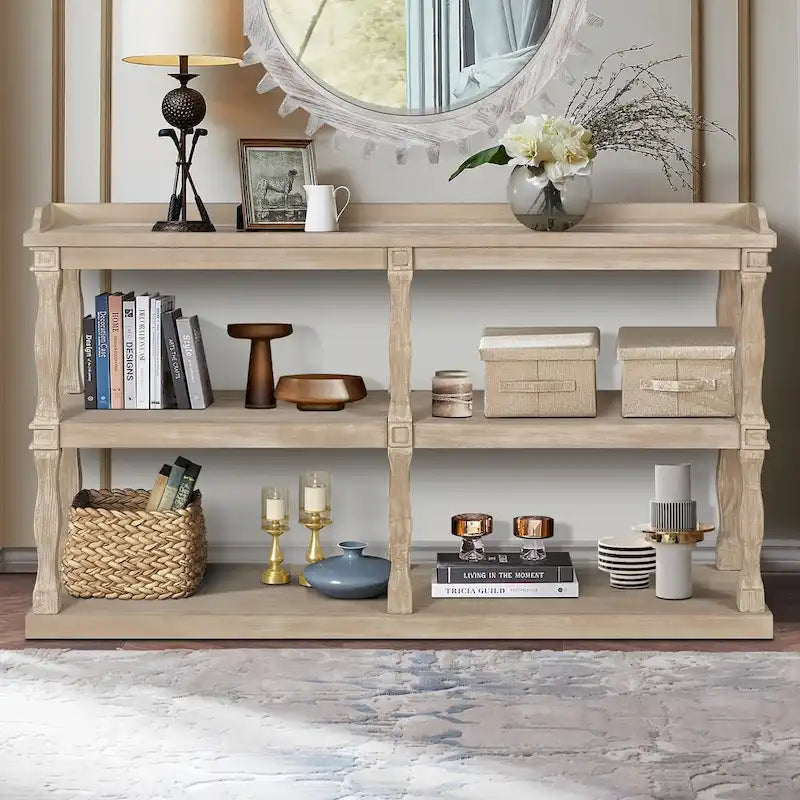 Table console à rangement ouvert à 3 niveaux – Blanc antique / Bleu marine / Noir