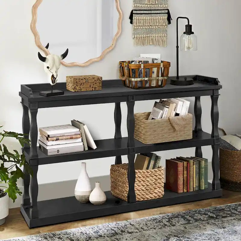 Table console à rangement ouvert à 3 niveaux – Blanc antique / Bleu marine / Noir