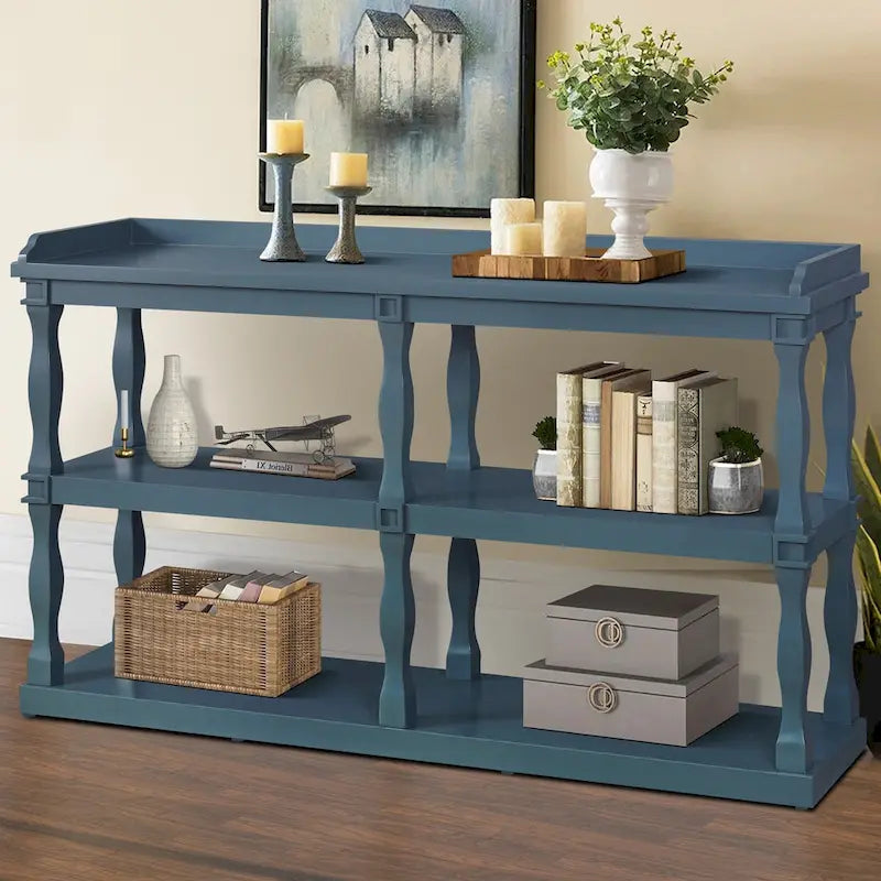 Table console à rangement ouvert à 3 niveaux – Blanc antique / Bleu marine / Noir