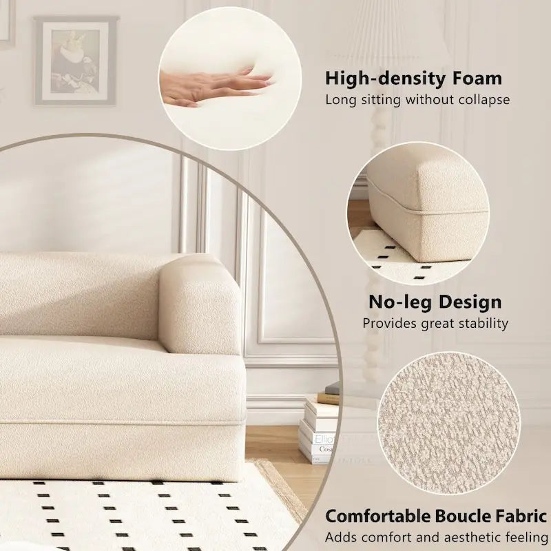 Chaise longue incurvée sans pieds beige, tissu bouclé, 1 personne