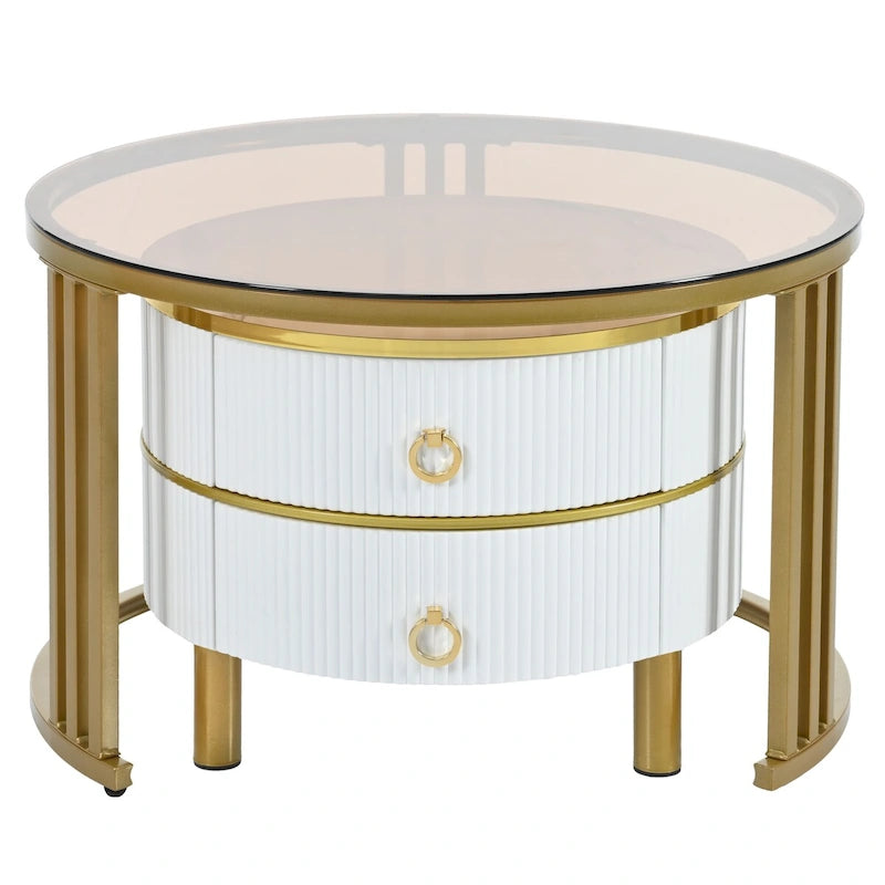 Table basse gigogne en verre trempé marron, lot de 2 empilables, structure blanc/noir
