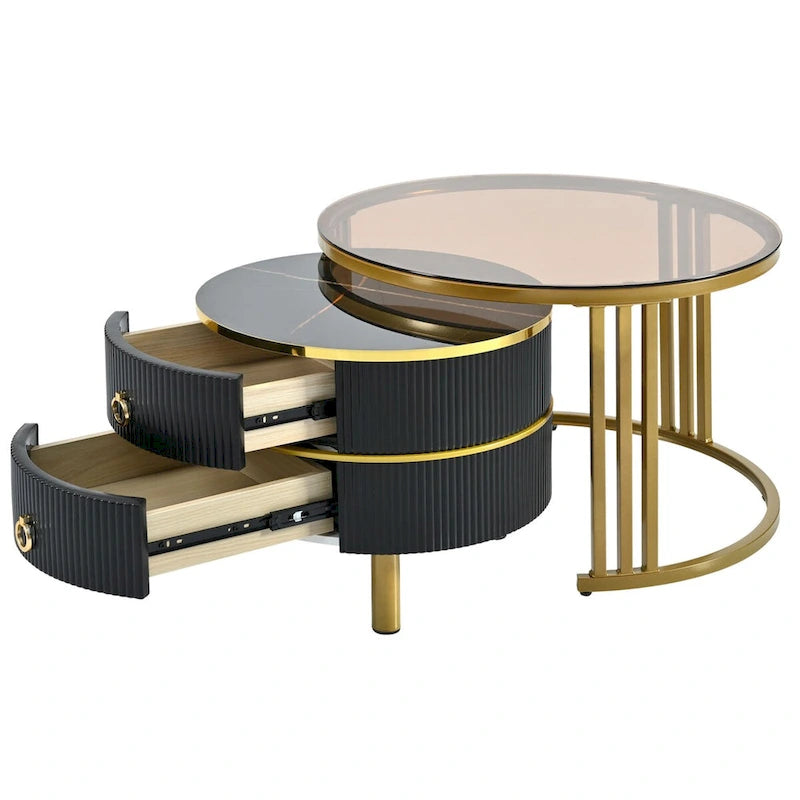 Table basse gigogne en verre trempé marron, lot de 2 empilables, structure blanc/noir