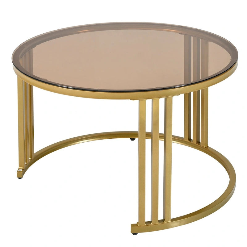 Table basse gigogne en verre trempé marron, lot de 2 empilables, structure blanc/noir