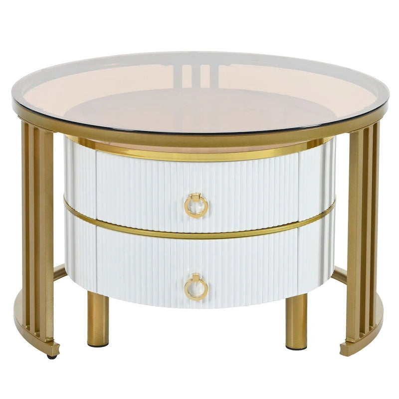 Table basse gigogne en verre trempé marron, lot de 2 empilables, structure blanc/noir