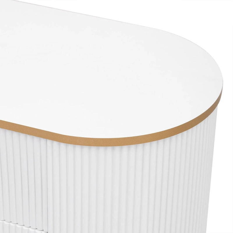 Meuble TV incurvé noir/blanc avec 4 tiroirs et placard, compatible avec les téléviseurs jusqu'à 80"