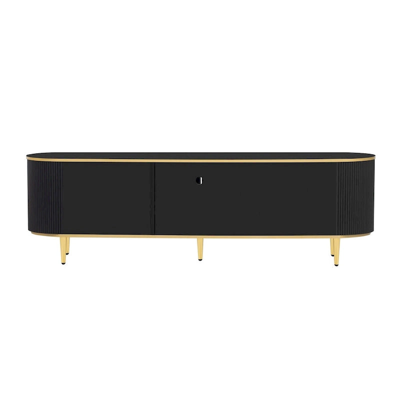 Meuble TV incurvé noir/blanc avec 4 tiroirs et placard, compatible avec les téléviseurs jusqu'à 80"