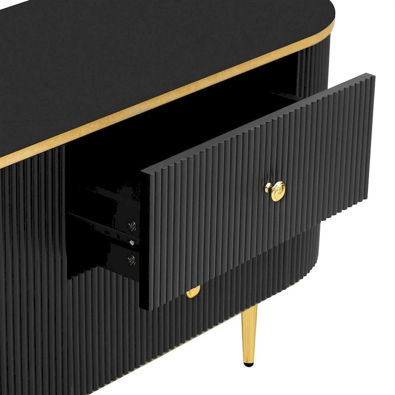 Meuble TV incurvé noir/blanc avec 4 tiroirs et placard, compatible avec les téléviseurs jusqu'à 80"