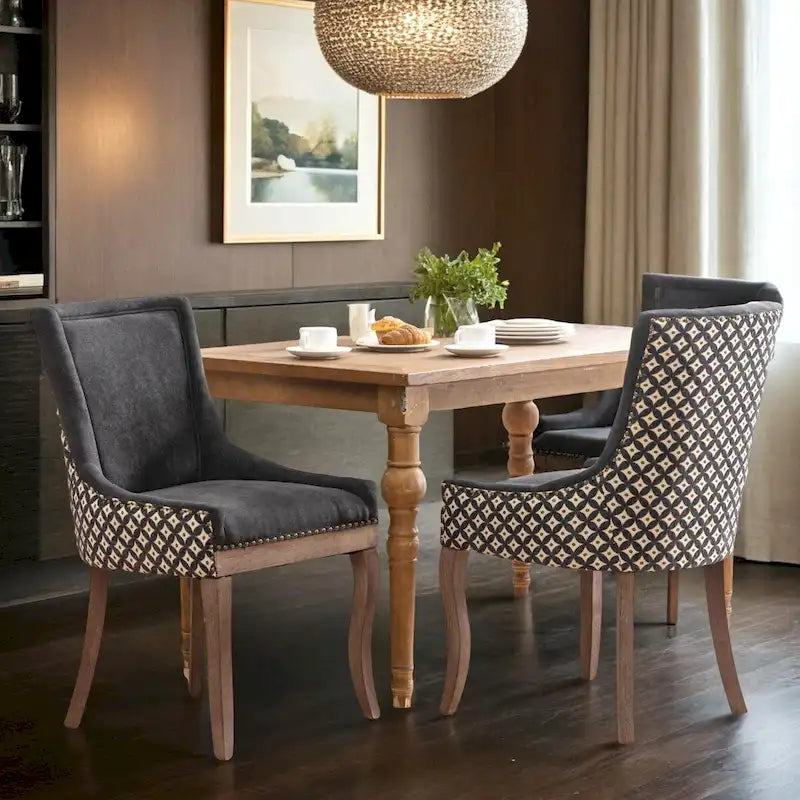 Chaise de salle à manger en tissu à dossier haut avec clous décoratifs, noir / beige+noir, lot de 2