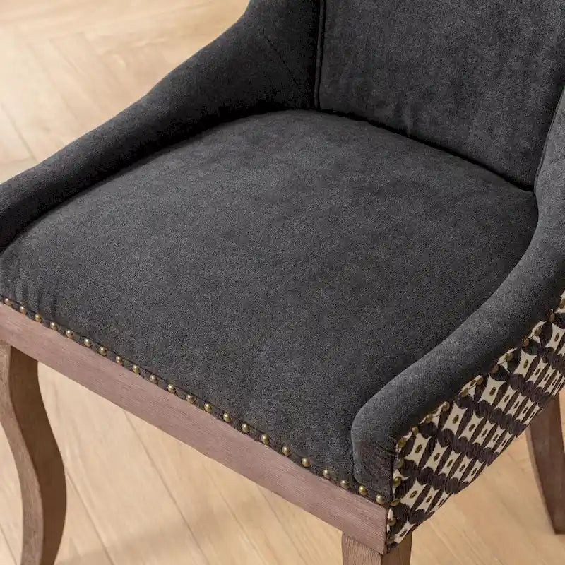 Chaise de salle à manger en tissu à dossier haut avec clous décoratifs, noir / beige+noir, lot de 2