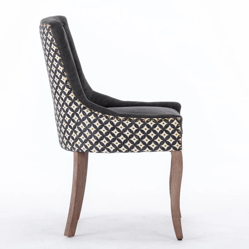 Chaise de salle à manger en tissu à dossier haut avec clous décoratifs, noir / beige+noir, lot de 2