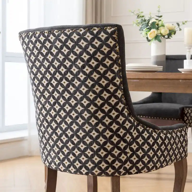 Chaise de salle à manger en tissu à dossier haut avec clous décoratifs, noir / beige+noir, lot de 2