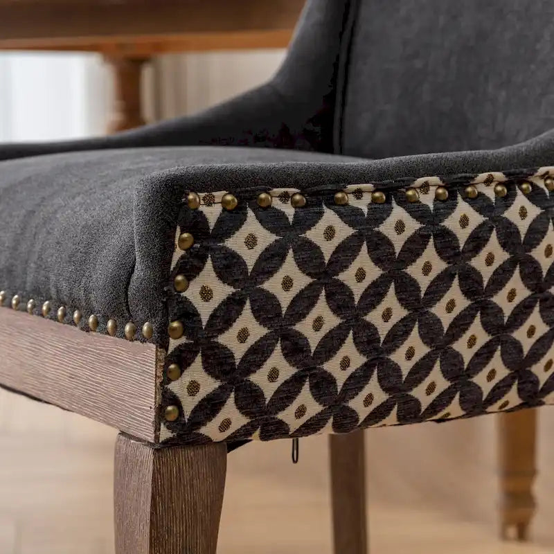 Chaise de salle à manger en tissu à dossier haut avec clous décoratifs, noir / beige+noir, lot de 2