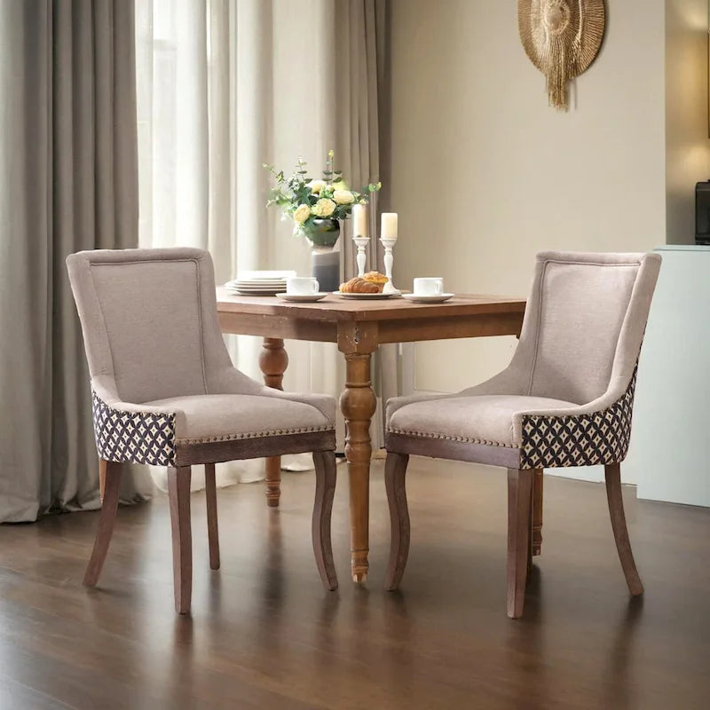 Chaise de salle à manger en tissu à dossier haut avec clous décoratifs, noir / beige+noir, lot de 2