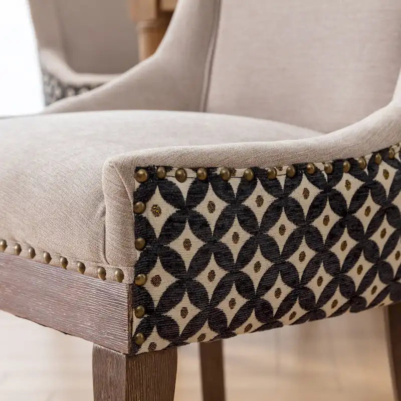 Chaise de salle à manger en tissu à dossier haut avec clous décoratifs, noir / beige+noir, lot de 2