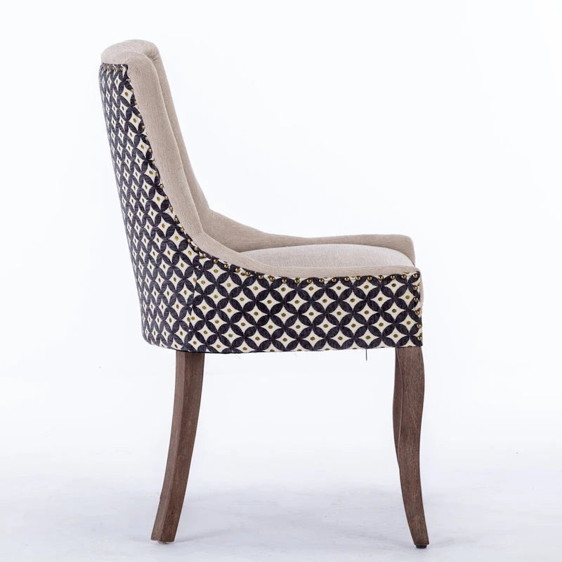 Chaise de salle à manger en tissu à dossier haut avec clous décoratifs, noir / beige+noir, lot de 2