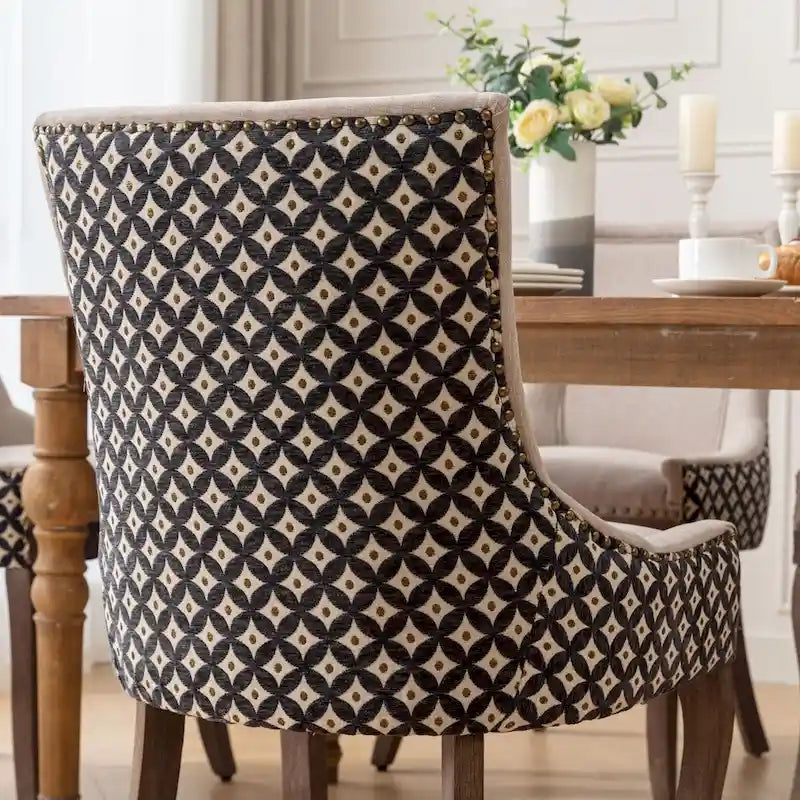 Chaise de salle à manger en tissu à dossier haut avec clous décoratifs, noir / beige+noir, lot de 2