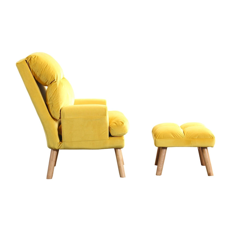 Ensemble fauteuil et ottoman capitonnés jaunes, pieds évasés, 1 place