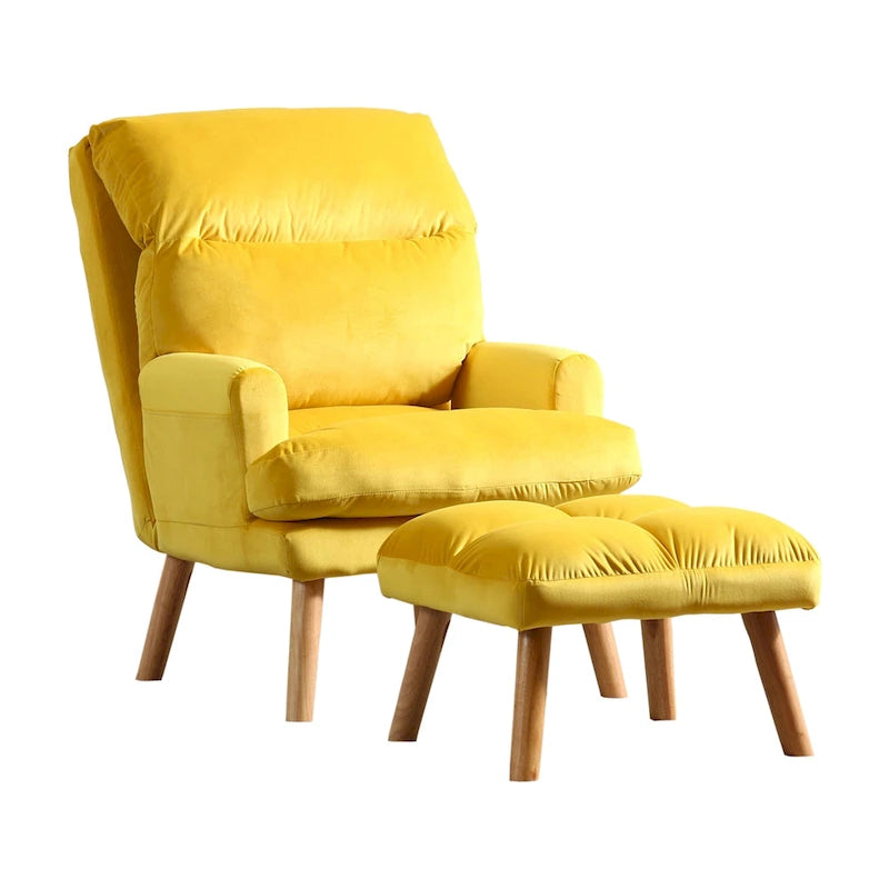 Ensemble fauteuil et ottoman capitonnés jaunes, pieds évasés, 1 place