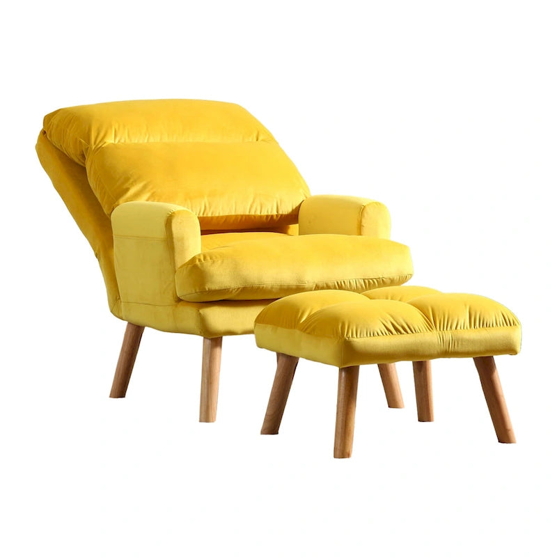Ensemble fauteuil et ottoman capitonnés jaunes, pieds évasés, 1 place