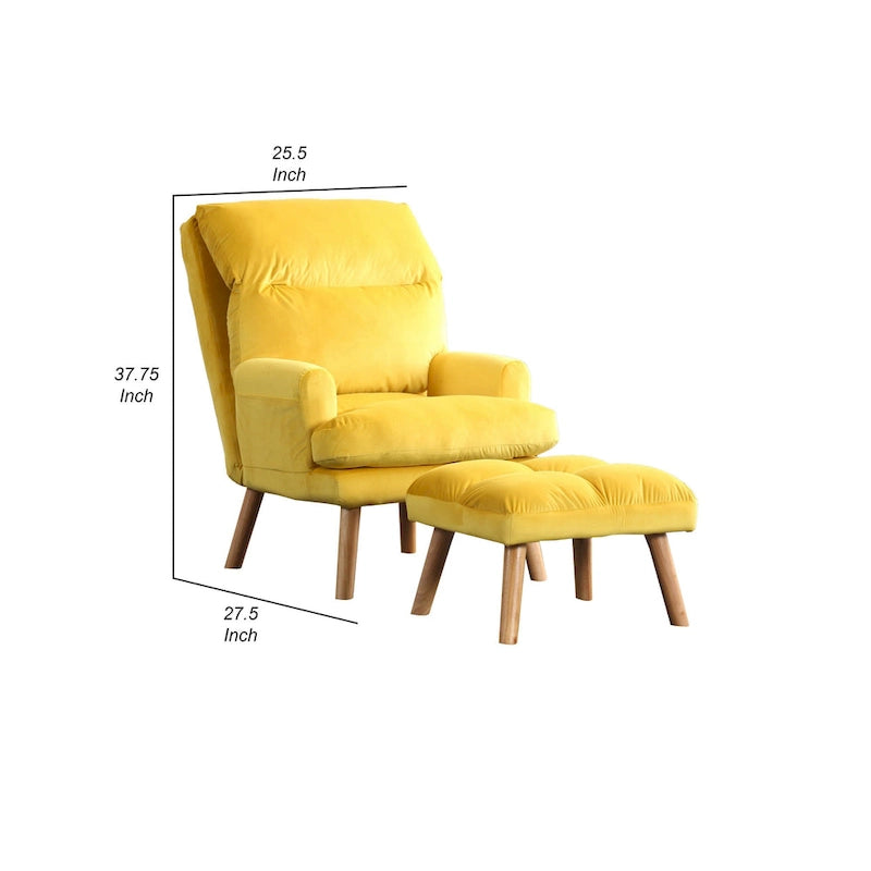 Ensemble fauteuil et ottoman capitonnés jaunes, pieds évasés, 1 place
