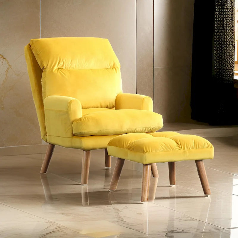 Ensemble fauteuil et ottoman capitonnés jaunes, pieds évasés, 1 place
