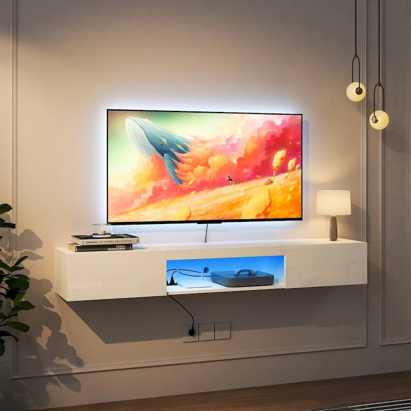 Meuble TV mural flottant blanc avec lumières LED, installation par 1 personne, convient jusqu'à 65 pouces