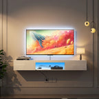 Meuble TV mural flottant blanc avec lumières LED, installation par 1 personne, convient jusqu'à 65 pouces
