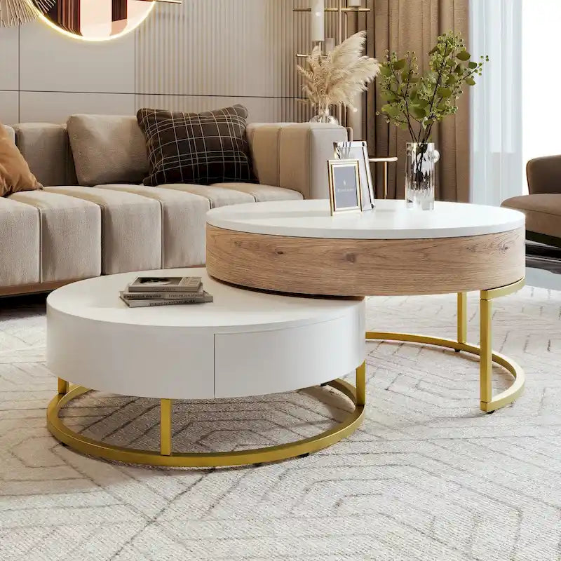 Ensemble de tables basses gigognes rondes relevables blanches et chêne pour 2 à 4 personnes, 2 pièces