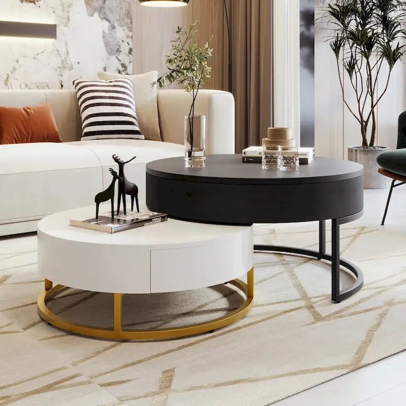 Ensemble de tables basses gigognes rondes relevables blanches et chêne pour 2 à 4 personnes, 2 pièces