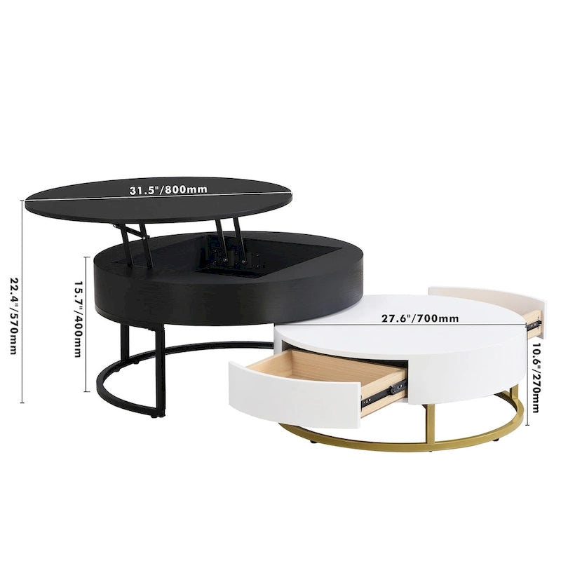 Ensemble de tables basses gigognes rondes relevables blanches et chêne pour 2 à 4 personnes, 2 pièces