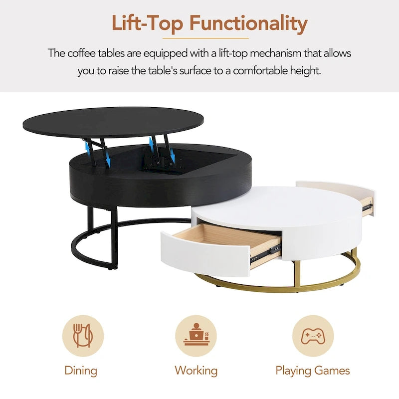 Ensemble de tables basses gigognes rondes relevables blanches et chêne pour 2 à 4 personnes, 2 pièces