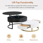Ensemble de tables basses gigognes rondes relevables blanches et chêne pour 2 à 4 personnes, 2 pièces