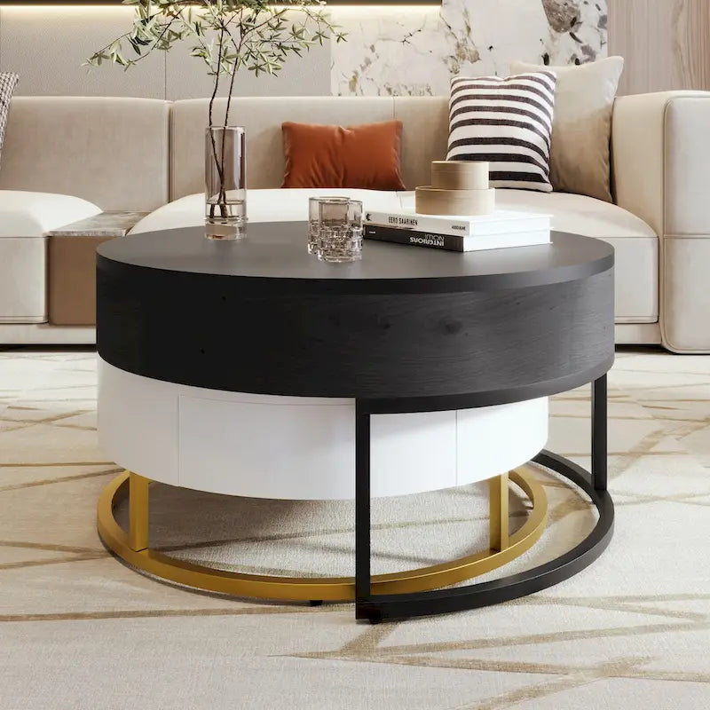 Ensemble de tables basses gigognes rondes relevables blanches et chêne pour 2 à 4 personnes, 2 pièces