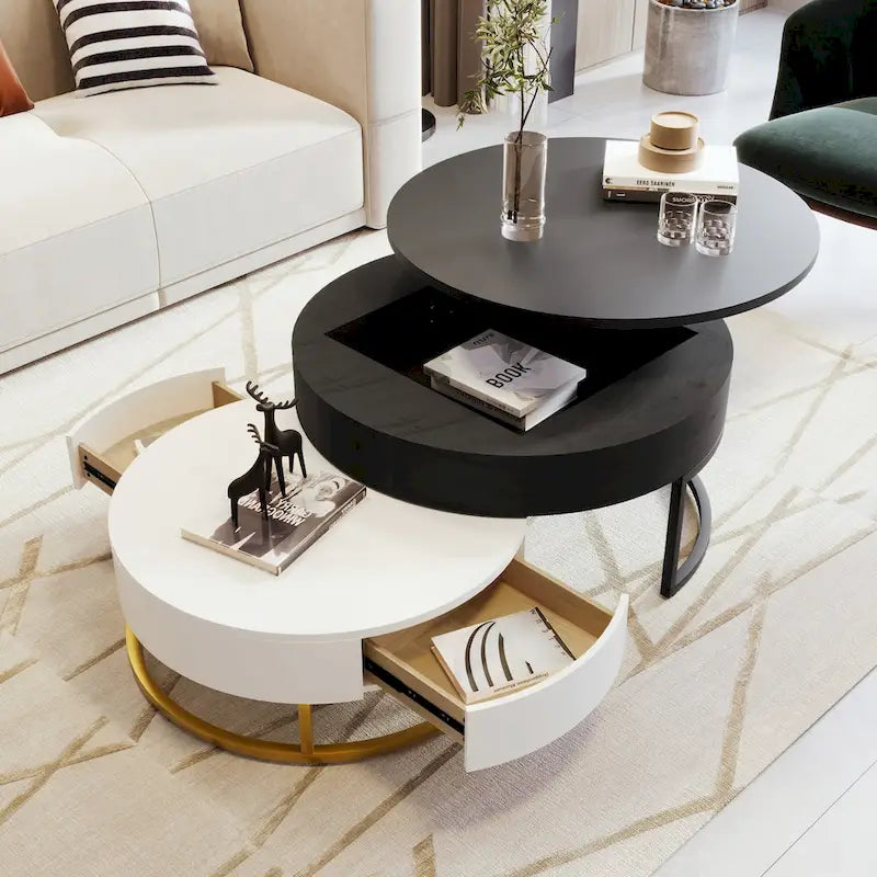 Ensemble de tables basses gigognes rondes relevables blanches et chêne pour 2 à 4 personnes, 2 pièces