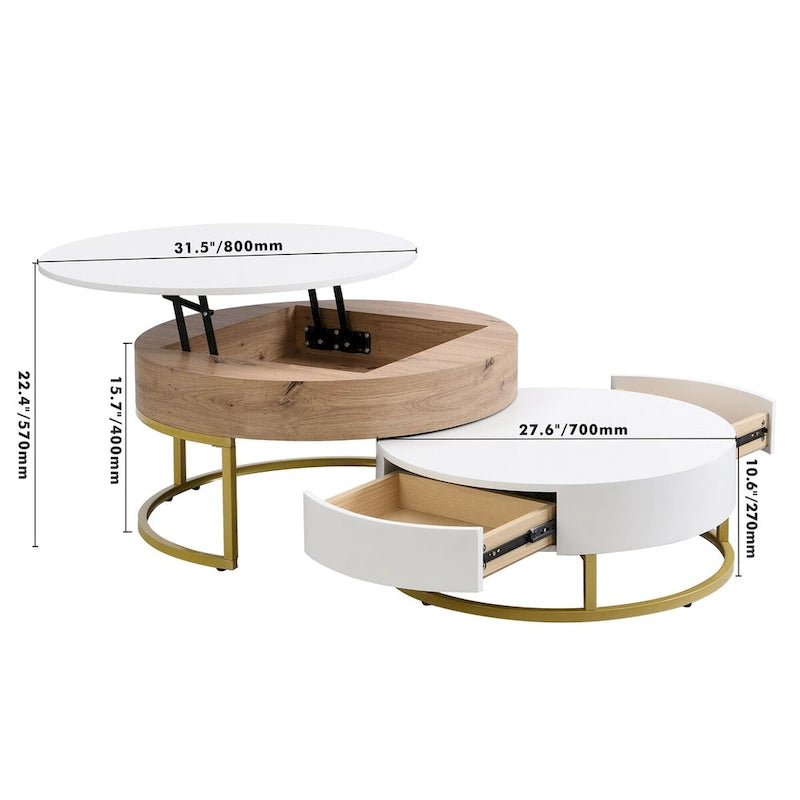Ensemble de tables basses gigognes rondes relevables blanches et chêne pour 2 à 4 personnes, 2 pièces