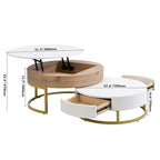 Ensemble de tables basses gigognes rondes relevables blanches et chêne pour 2 à 4 personnes, 2 pièces