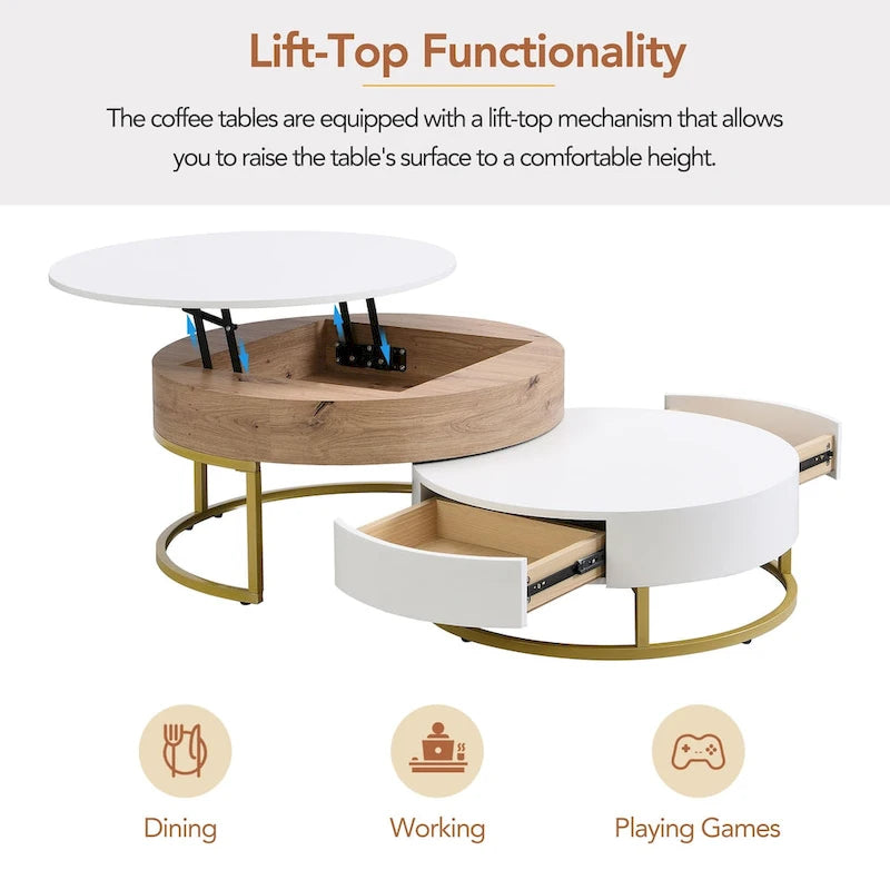 Ensemble de tables basses gigognes rondes relevables blanches et chêne pour 2 à 4 personnes, 2 pièces